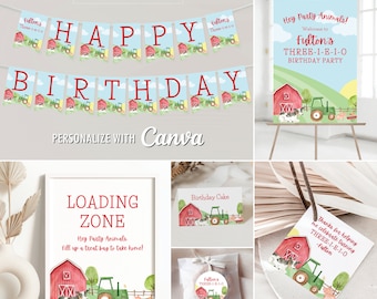 Plantillas de Canva editables para fiesta de cumpleaños de la granja Three-I-E-I-O, etiqueta de favor de agradecimiento imprimible, pegatina circular, pancarta, letreros, póster, tarjetas de tienda