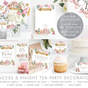 Princess and Knight Tea Party Decorations Package, Princess Birthday Party, Thank You, Tags, Cupcake Topper, Signs, Labels, Banner, BDAY30