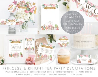 Princess and Knight Tea Party Decorations Package, Princess Birthday Party, Thank You, Tags, Cupcake Topper, Signs, Labels, Banner, BDAY30