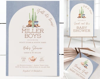 Y'all it's Twins Baby Shower Bundle, Editable Canva Invitation, Party Favor Tag and Welcome Sign Templates, Personalized cowboy baby shower