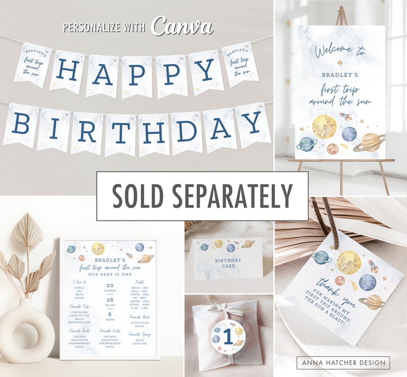 Puede incluir: Un conjunto de decoraciones de fiesta imprimibles para un primer cumplea&ntilde;os con tem&aacute;tica espacial. Las decoraciones incluyen una pancarta que dice "Feliz cumplea&ntilde;os", un cartel de bienvenida que dice "Bienvenido al primer viaje de Bradley alrededor del sol", un cartel con detalles sobre el ni&ntilde;o que cumple a&ntilde;os, un cartel de pastel de cumplea&ntilde;os, una etiqueta de agradecimiento y una bolsa de regalo con una pegatina de n&uacute;mero uno.