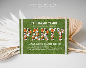 Sports Party Invitation, Game Time Birthday Invite, Joint Birthday/Twin, Football Basketball Baseball Soccer Golf, Editable Canva Template