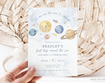 First Trip Around the Sun Birthday Invitation, Space Theme Party for 1st Birthday, All ages/text editable in Canva, Moon, Planets, Rocket