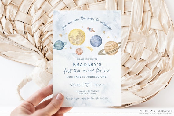 First Trip Around the Sun Birthday Invitation, Space Theme Party for 1st Birthday, All ages/text editable in Canva, Moon, Planets, Rocket