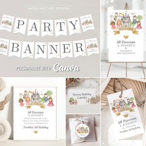 Prinzessin und Ritter Geburtstagsfeier bearbeitbare Canva Vorlagen, druckbare Favor Tag, Aufkleber, Topper, Banner, Schilder, Poster, Zeltkarten