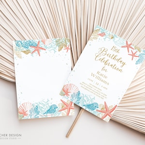 May include: Two white invitation cards with a seashell and starfish design. One card is blank, and the other has gold text that reads "15th Birthday Celebration for Katie Williams". The cards are decorated with coral, seashells, and starfish.