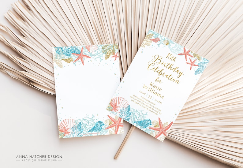 May include: Two white invitation cards with a seashell and starfish design. One card is blank, and the other has gold text that reads "15th Birthday Celebration for Katie Williams". The cards are decorated with coral, seashells, and starfish.