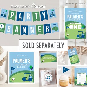 May include: A set of printable golf-themed party decorations for a first birthday. The set includes a banner, a welcome sign, a thank you tag, a cake topper, a favor tag, a cupcake topper, and a scorecard. The decorations feature a golf cart, golf balls, and the number one.