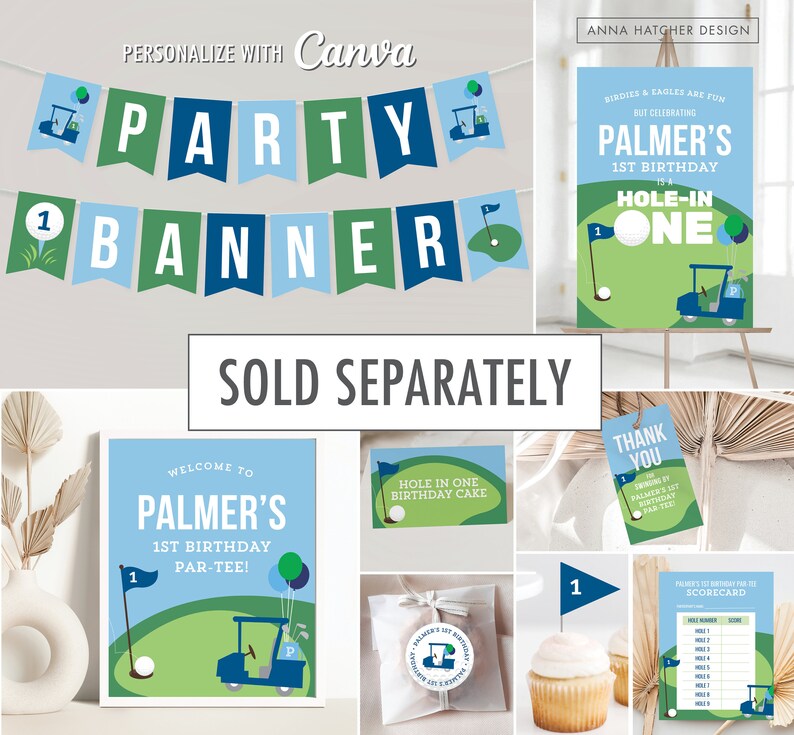 May include: A set of printable golf-themed party decorations for a first birthday. The set includes a banner, a welcome sign, a thank you tag, a cake topper, a favor tag, a cupcake topper, and a scorecard. The decorations feature a golf cart, golf balls, and the number one.