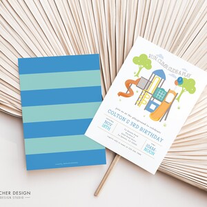 May include: Two invitation cards. One features a playground illustration with the text "RUN CLIMB SLIDE & PLAY" and details for Colton's 3rd birthday. The other card has blue and teal horizontal stripes. The cards are on a beige, textured background.