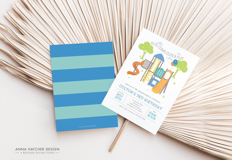 May include: Two invitation cards. One features a playground illustration with the text "RUN CLIMB SLIDE & PLAY" and details for Colton's 3rd birthday. The other card has blue and teal horizontal stripes. The cards are on a beige, textured background.