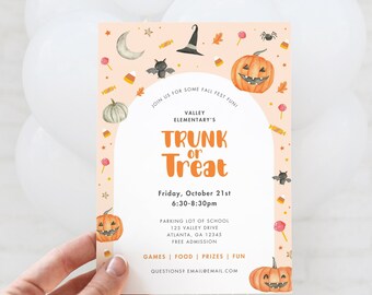 Trunk or Treat-uitnodiging, Halloween-schoolfeest, kerk Trunk or Treat, community, buurt, herfstfestival, bewerkbare canvassjabloon