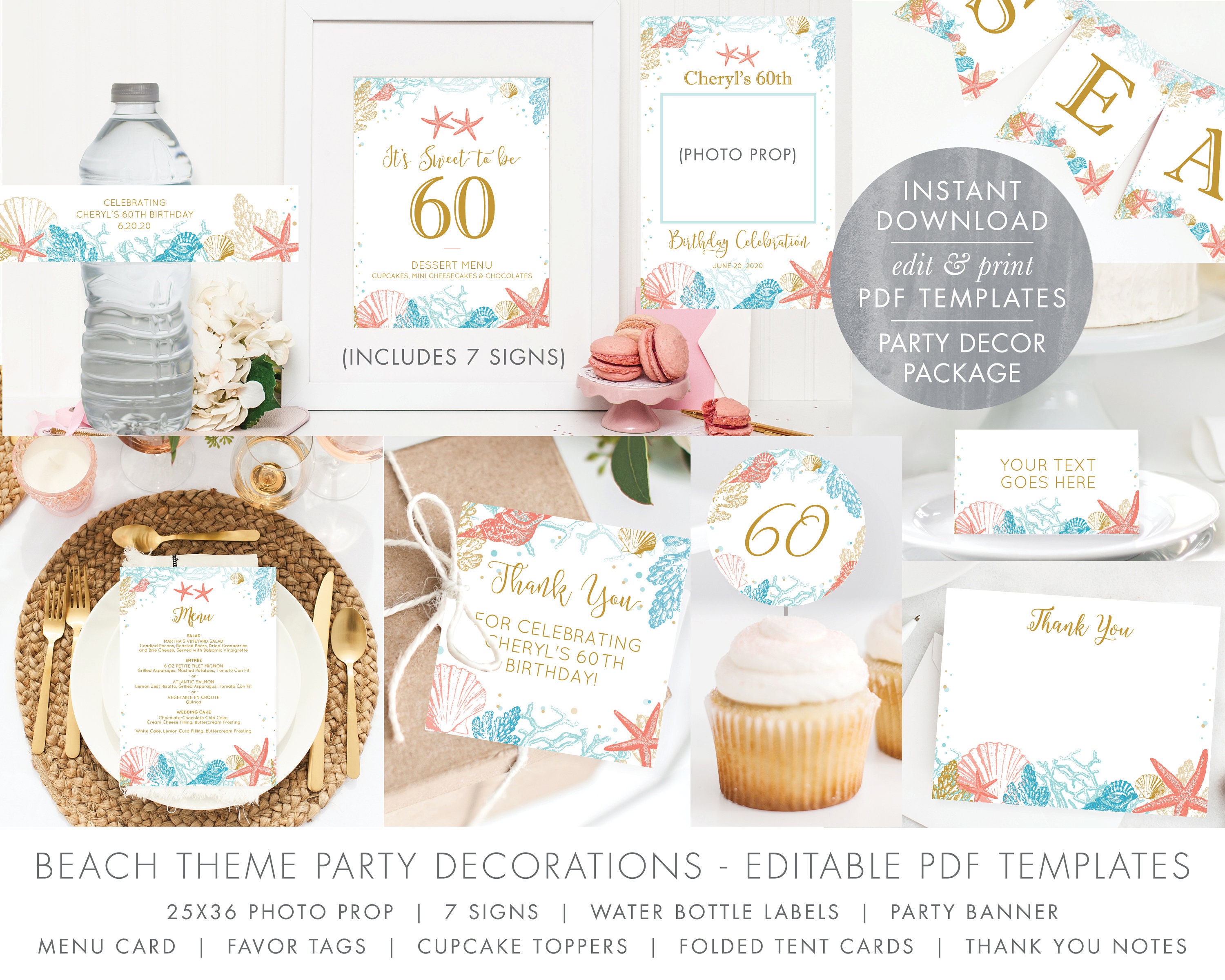 Beach Theme Party Decorations, Thank You Notes, Labels, Signs, Banner,  Favor Tags, Tent Cards, Menu, Cupcake Topper, DIY PDF Template BDAY33 -   Canada