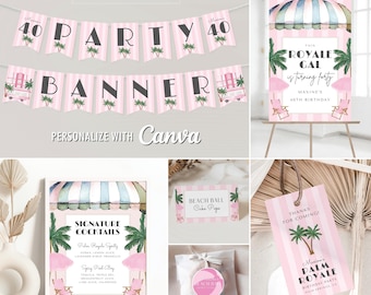 Plantillas de Canva con temática de Palm Royale para fiestas de cumpleaños, despedidas de soltera, letreros imprimibles, pancartas, etiquetas de recuerdo, tarjetas de comida, pegatinas y cupcakes.