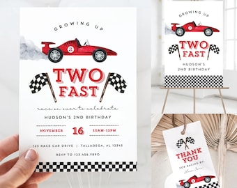 Two Fast Race Car Birthday Party Pack, Racing 2nd Birthday Editable Canva Invitation, Thanks for Racing By Favor Tag, Welcome Sign Templates