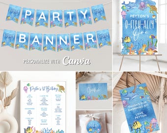 Ofishally One Birthday Editable Canva Templates for Fish, Ocean Sea Animal Party, Personalized Printable Signs, Tag, Banner, Tent Cards
