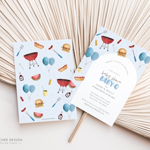 BBQ Invitation, Boy Baby Shower Editable Invite, BabyQ Couples Shower Canva Template, bun in the oven burgers on grill, Print/Text