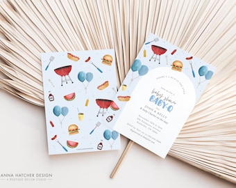 BBQ Invitation, Boy Baby Shower Editable Invite, BabyQ Couples Shower Canva Template, bun in the oven burgers on grill, Print/Text