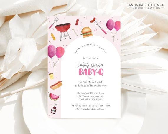 Baby Q Invitation, Girl BBQ Baby Shower Invite, Bun in the oven burgers on the grill, Editable Canva Template, Digital Download or Print