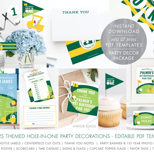 Green Yellow Hole In One Golf Birthday Party Decorations: Thank You, Favor Tags, Cupcake Toppers, Labels, Scorecard, Signs, Banner, BDAY2