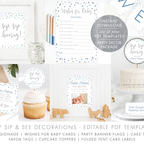 Sip and See Baby Boy Decorations in Blue & Silver, DIY Editable PDF Sign, Banner, Wishes, Tags, Cake/Cupcake Toppers, Tent Cards,  BABY6