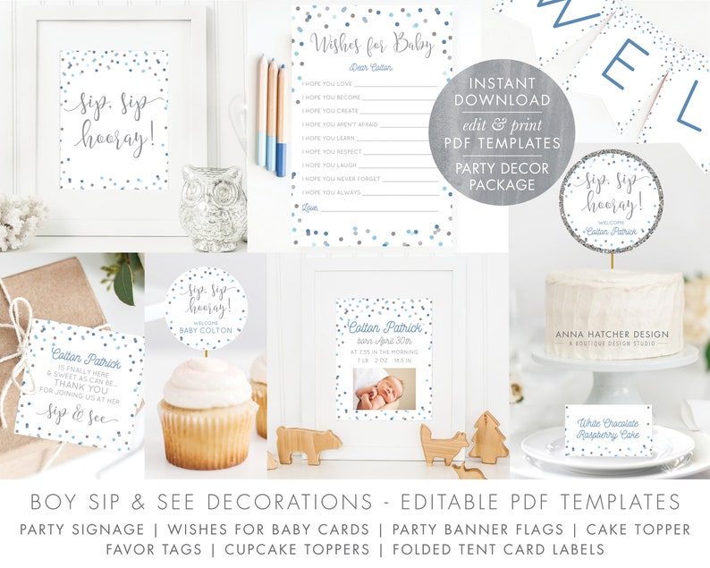 Sip and See Baby Boy Decorations in Blue & Silver DIY Etsy