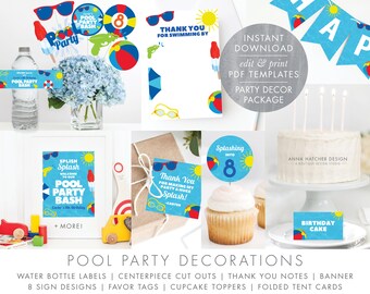 Pool Party Decorations, Swim Birthday, DIY editable PDFs, Waterbottle and Food Labels, Banner, Signs, Favor Tag, Cut Outs, Thank you BDAY35