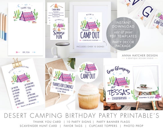 Camping Birthday Party Pack/decor, Edit Print PDF Template Signs, Banner,  Favor Tag, Cupcake Toppers, Thank You, Scavenger Hunt & Photo Prop 