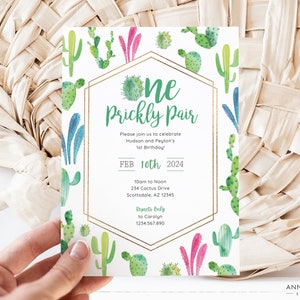 One Prickly Pair Invitation, Twin First Birthday Invitation, 1t Birthday Party, Twin Boys, Twin Girls, Editable Canva Template, Print/Text