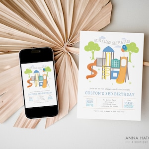 May include: A birthday invitation featuring a playground illustration with the text "Run, Climb, Slide & Play." The invitation includes details for Colton's 3rd birthday, with a date, time, and location. A smartphone displays the same invitation.