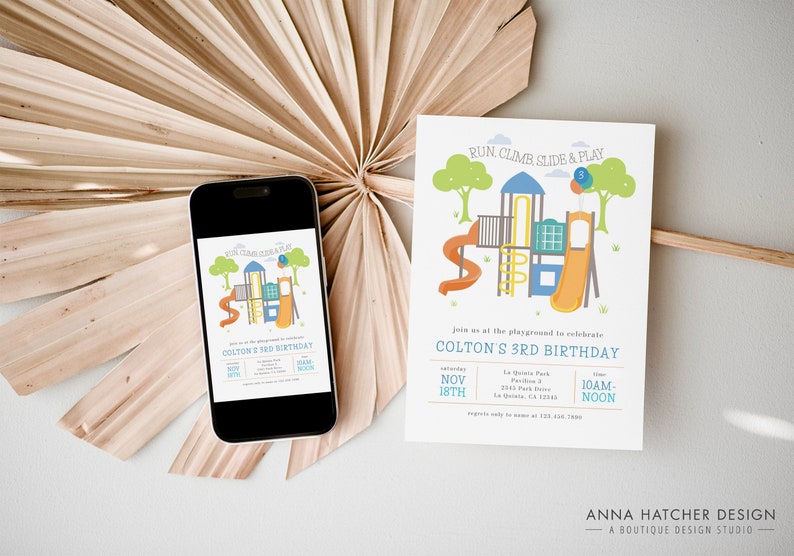 May include: A birthday invitation featuring a playground illustration with the text "Run, Climb, Slide & Play." The invitation includes details for Colton's 3rd birthday, with a date, time, and location. A smartphone displays the same invitation.