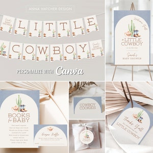 Kleine Cowboy-Babyparty-bearbeitbare Vorlagen, Westernstiefel-Hut, personalisierte Markierung, Aufkleber, Banner, Schild, Windelraffle, Bücher für Babykarte
