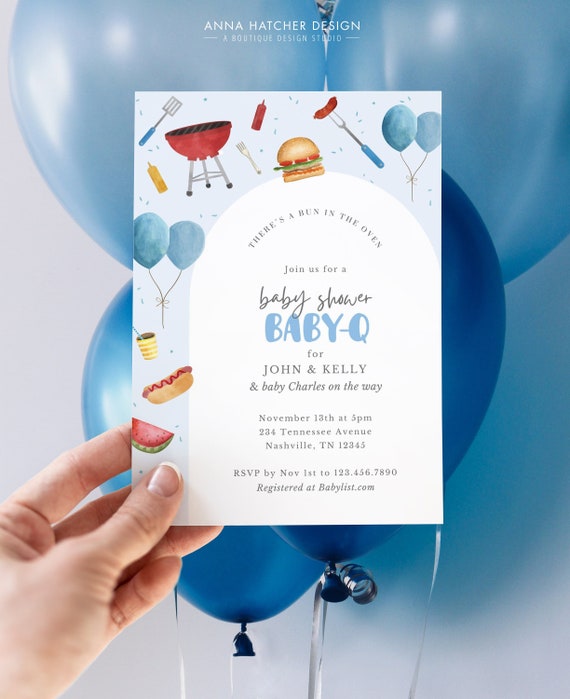 BabyQ Invitation, Boy Baby Shower BBQ Invite, Bun in the oven Burgers on the Grill, Editable Canva Template, Digital Download