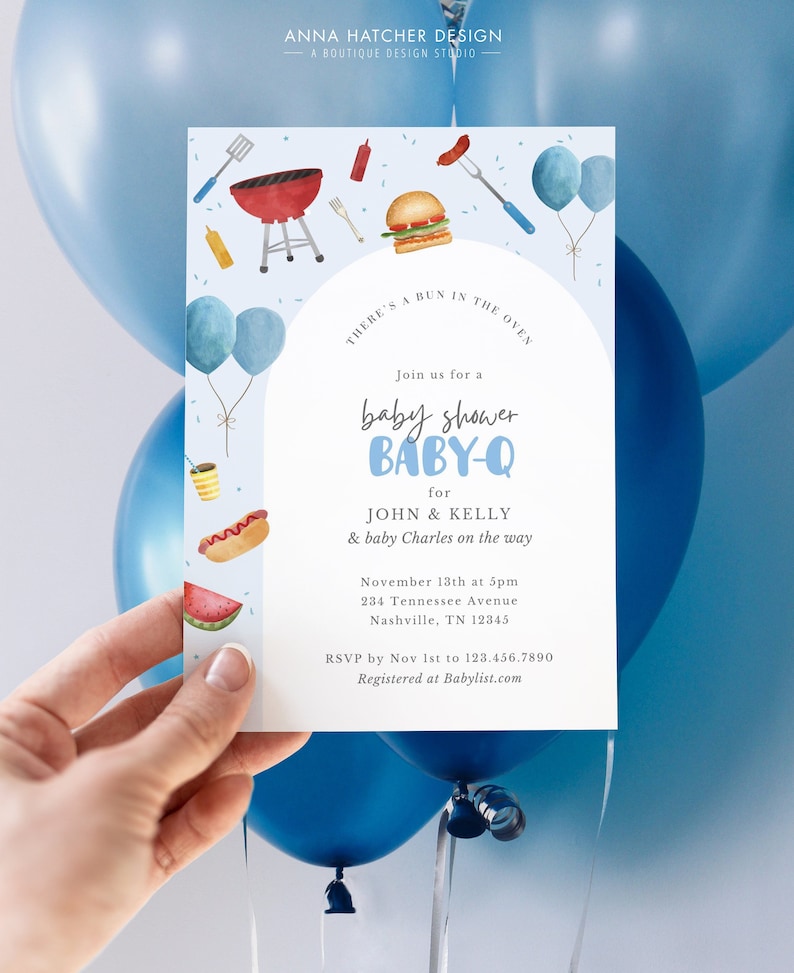 May include: A blue and white baby shower invitation with a barbecue theme. The invitation reads "There's a bun in the oven" and "Join us for a baby shower BABY-Q for John & Kelly & baby Charles on the way". The invitation also includes the date, time, address, and RSVP information.