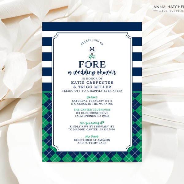 Golf Wedding Shower Invitation, Couples Shower Invite FORE the Bride and Groom, Editable Canva Template, Digital Download, Printable Invite