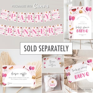 May include: Pink and white baby shower party banner with the words "Party Banner" in pink letters. The banner features watercolor illustrations of hot dogs, hamburgers, watermelon, and grilling tools. There are also pink balloons and a grill.