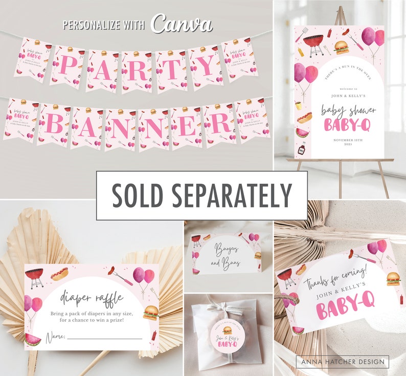 May include: Pink and white baby shower party banner with the words "Party Banner" in pink letters. The banner features watercolor illustrations of hot dogs, hamburgers, watermelon, and grilling tools. There are also pink balloons and a grill.
