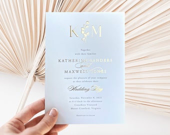 Invitación de boda con lámina dorada, iniciales en lámina, plantilla personalizable de invitación de boda botánica en Canva para 2025, impresión en lámina real, estilo clásico moderno.