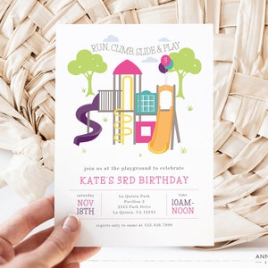 May include: A birthday party invitation featuring a colorful playground illustration with a purple slide, orange slide, and green trees. The invitation reads "Run, Climb, Slide & Play" and announces Kate's 3rd birthday on November 18th.