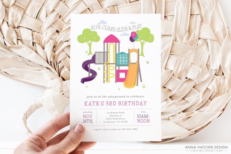 May include: A birthday party invitation featuring a colorful playground illustration with a purple slide, orange slide, and green trees. The invitation reads "Run, Climb, Slide & Play" and announces Kate's 3rd birthday on November 18th.