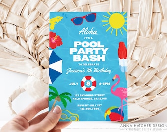 Luau Pool Party Invitation, Aloha Swim Party Invite, Personalize Age Birthday, End of School Year, Team Pool Party, Editable Canva Template