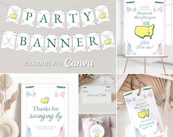 Boy Girl Mastered First Year Birthday Partee Editable Canva Templates, Golf Theme 1st Birthday Printable Tag, Banner, Signs, Cards, Stickers