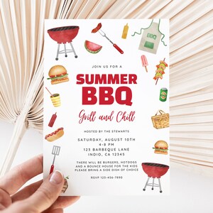 Uitnodiging zomerbarbecue, achtertuingrill en chill-barbecue, buurtfeest, bewerkbare canva-sjabloon downloaden, afdrukken/tekst/Evite