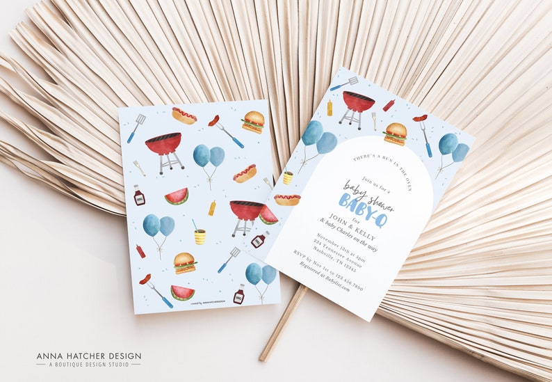 May include: Blue and white baby shower invitation with a watercolour illustration of a grill, hot dogs, hamburgers, watermelon, and balloons. The text reads "There's a bun in the oven. Join us for a baby shower BABY-Q for John & Kelly and baby Charles on the way. November 12th at 3pm. 234 Frances Avenue Nashville, TN 32841. RSVP by Nov 1st to (123) 456 7890. Registered at Babylist.com"