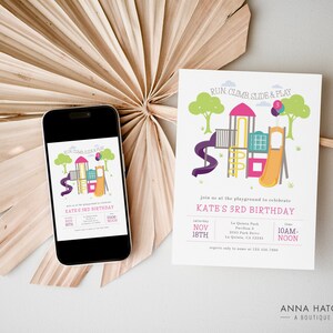 May include: A birthday party invitation with a playground theme. The invitation features a colorful illustration of a playground with slides and climbing structures. The text reads "Run, Climb, Slide & Play" and includes party details.