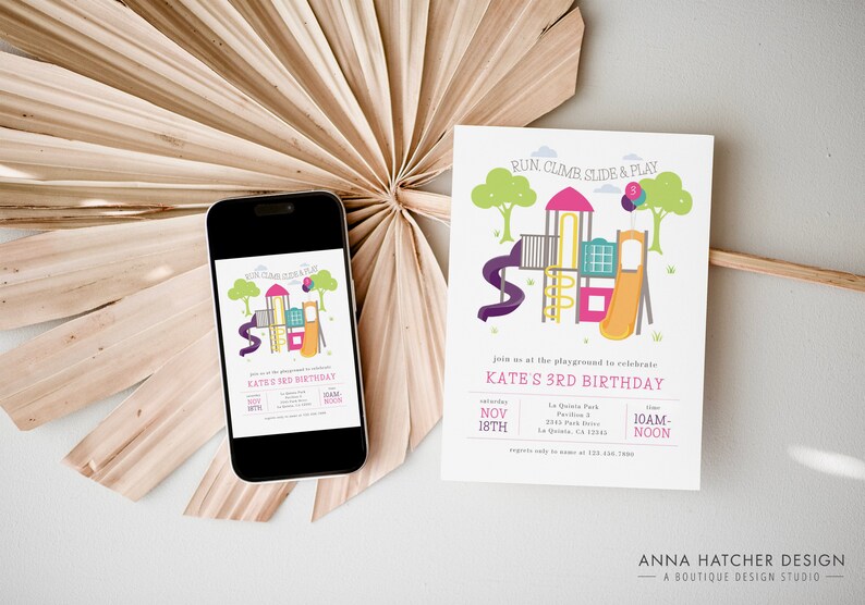 May include: A birthday party invitation with a playground theme. The invitation features a colorful illustration of a playground with slides and climbing structures. The text reads "Run, Climb, Slide & Play" and includes party details.