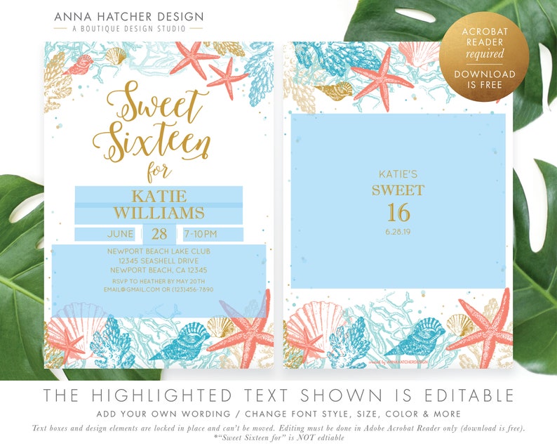 Beach Themed Sweet 16 Birthday Invitation Beach Sweet Sixteen Etsy