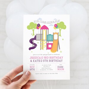 May include: A birthday party invitation featuring a playground illustration with slides, ladders, and trees. The invitation reads "Run, Climb, Slide & Play" and announces Jessica's 3rd and Kate's 5th birthday. The date is November 18th.
