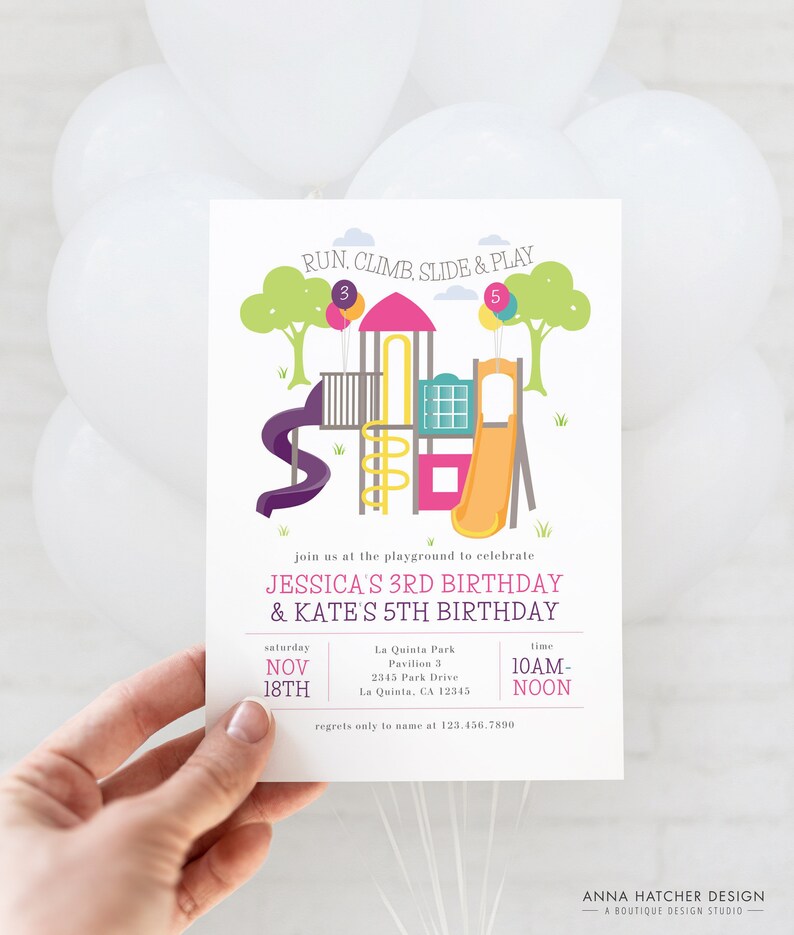 May include: A birthday party invitation featuring a playground illustration with slides, ladders, and trees. The invitation reads "Run, Climb, Slide & Play" and announces Jessica's 3rd and Kate's 5th birthday. The date is November 18th.
