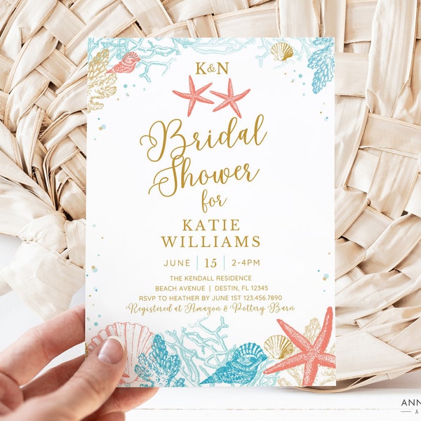 Beach Bridal Shower Invitation, Beach Theme Wedding Shower, Editable Canva Template, Digital Instant Download